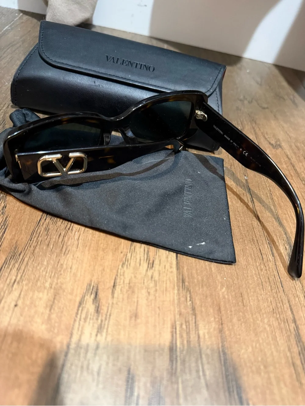 Valentino Black Rectangular Sunglasses with Case and Pouch